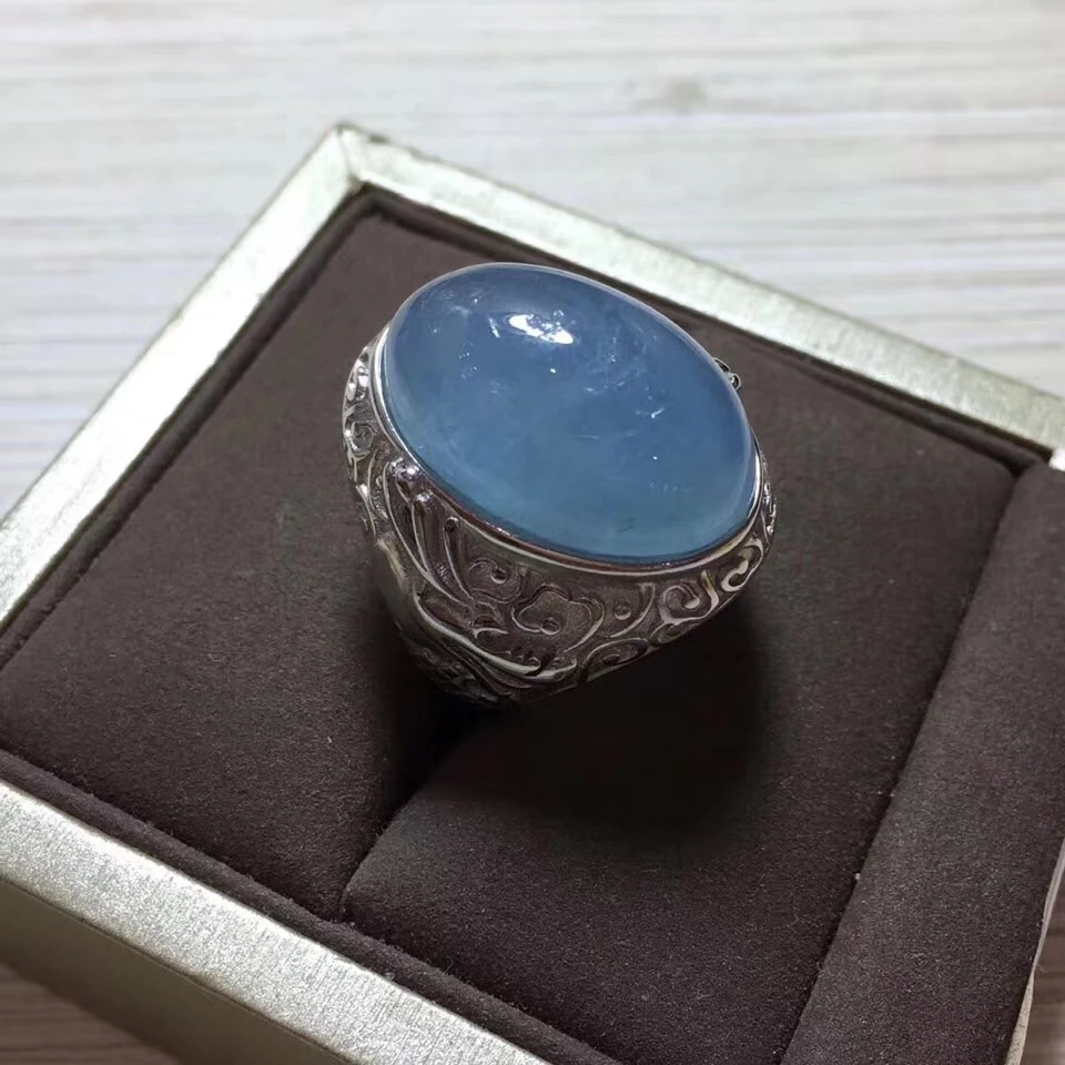 Natural Blue Aquamarine Adjustable Ring 20x15mm Crystal Bead Gemstone From Brazil 925 Sterling Silver Fashion Ring AAAAA