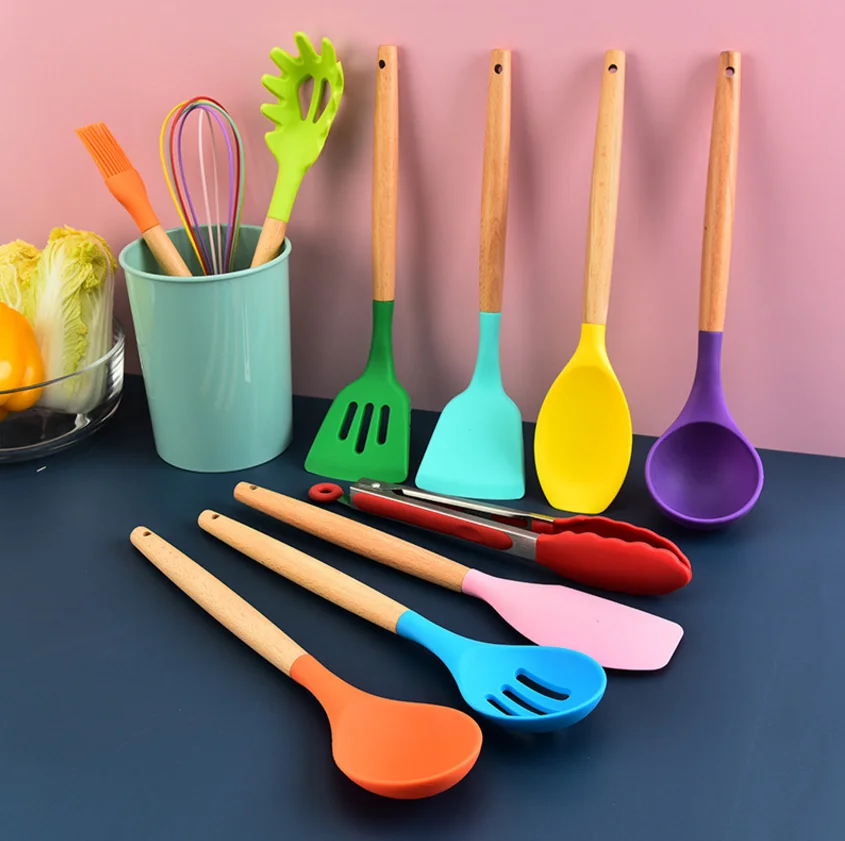 

Wooden handle silicone kitchen utensils non stick cooking shovel spoon kitchen utensils new color silicone kitchen utensils set