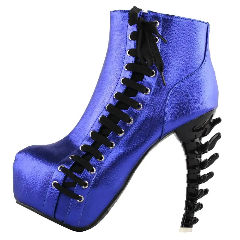 LF80666 SHOW STORY Punk Two Tone Lace up Zip High-top Bone Platform Ankle Boots