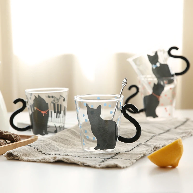 1Pcs Creative Cat Glass Cups with Cat Tail Handle Coffee Glass Lovers Cups Milk Mug Lover Valentine's Day Romantic Present