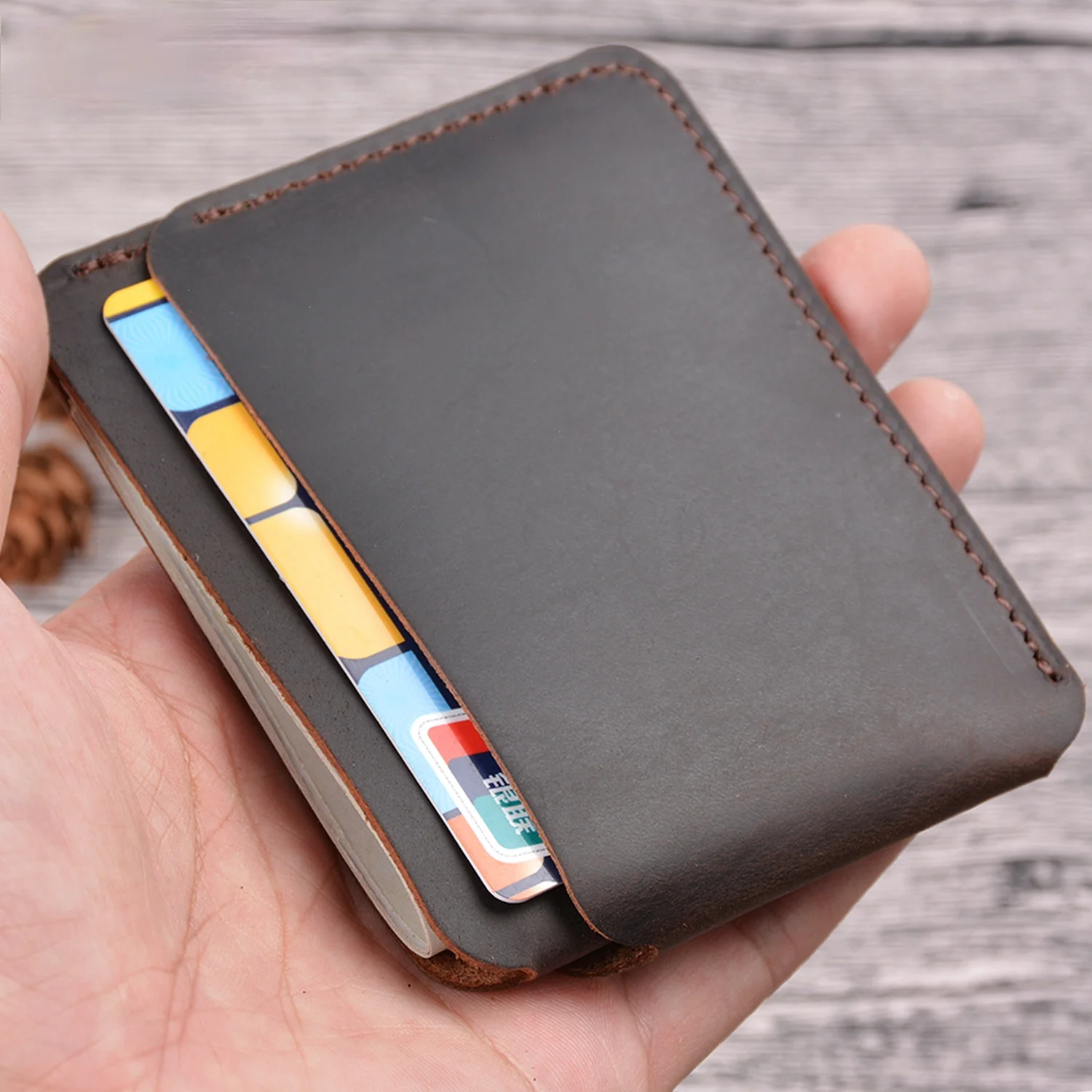 GENODERN Genuine Leather Business ID Card Holder Crazy Horse Leather Travel Credit Card Holder Mini Wallet Men Women Purse Case