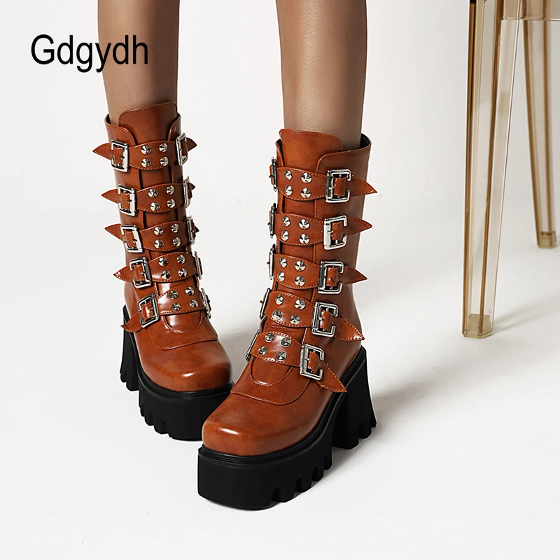 Gdgydh Autumn Winter Gothic Punk Womens Platform Boots Black Blet Buckle Strap Creepers Platform Shoes With Zipper Military Boot