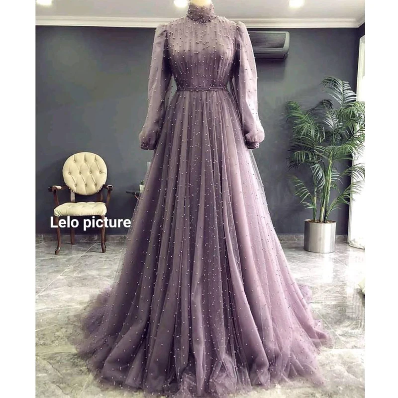 Elegant Lilac Aมะนาวชุดราตรีลูกปัดคอยาวแขนยาวอย่างเป็นทางการGownsเสื้อคลุมDe Caftan Abayaดูไบ