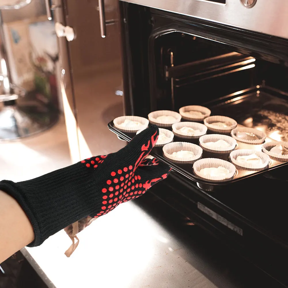 Non-slip Fireproof Microwave Oven Gloves Extreme Heat Resistant Oven Mitts 300-500 Centigrade Flame Retardant BBQ Fire Gloves