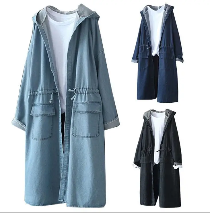 

Hooded Jacket Jean Woman Large Size Cloak Denim Windbreaker Spring Autumn New BF Denim Jacket Female Long Loose Coat