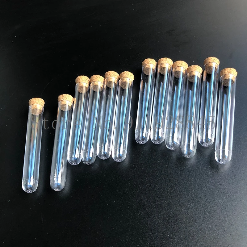 50pcs 12x75mm Lab Clear Plastic test tube with Cork Cap Stopper Round bottom Laboratory or Wedding favours Spice Tube