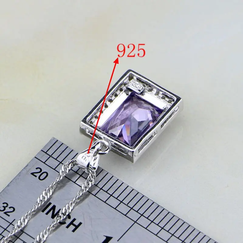 Square Purple Crystal White Zircon 925 Sterling Silver Jewelry Sets For Women Wedding Earrings/Pendant/Necklace/Bracelet/Ring