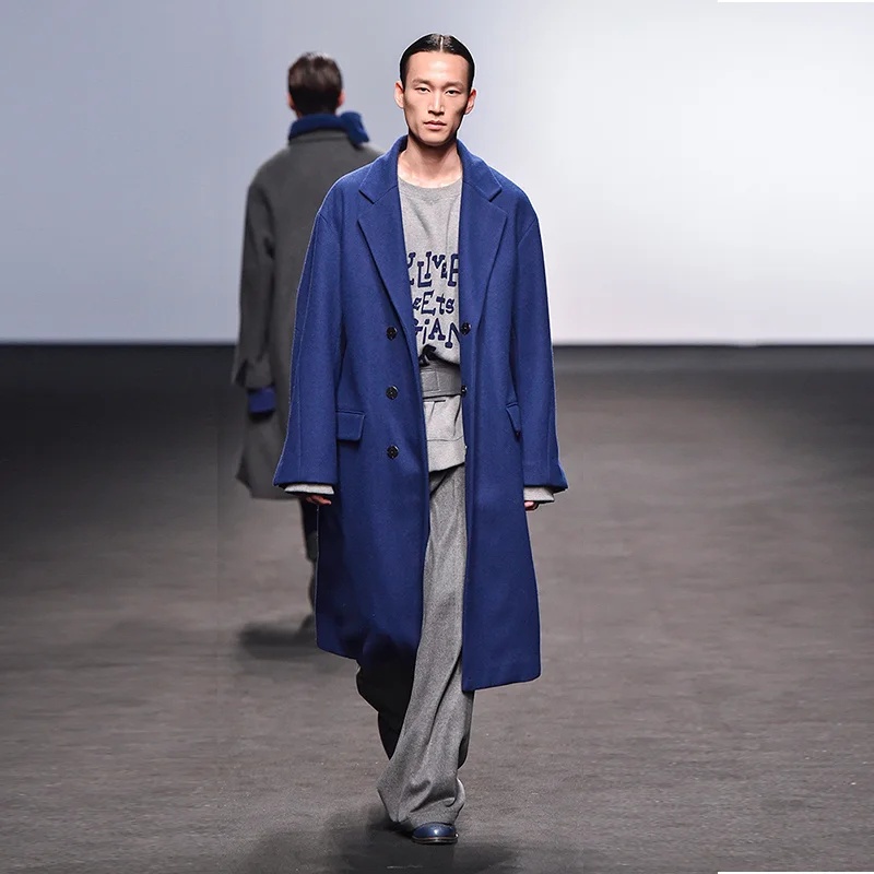 

Men's woolen coat jacket Milan show loose autumn and winter dropped shoulders and long blue woolen coat