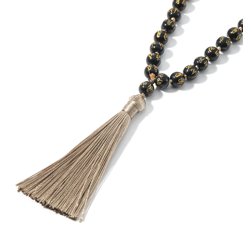 108 Six Words Mantra Obsidian Mala Beaded and Knotted Necklace Blessing Meditation Yoga Tibetan Japamala Tassel Jewelry