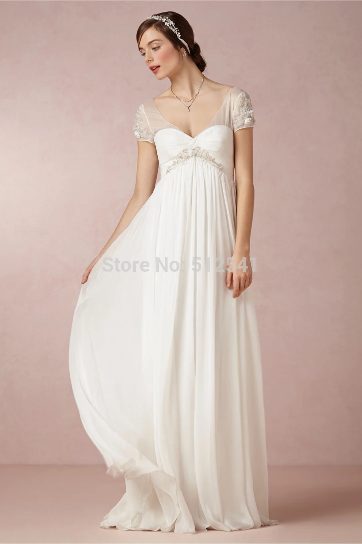 Vestido de noiva Sheer-illusion Kurzarm 2018 Hochzeit Kleider Strand Mantel Schatz Bodenlangen Chiffon Brautkleid