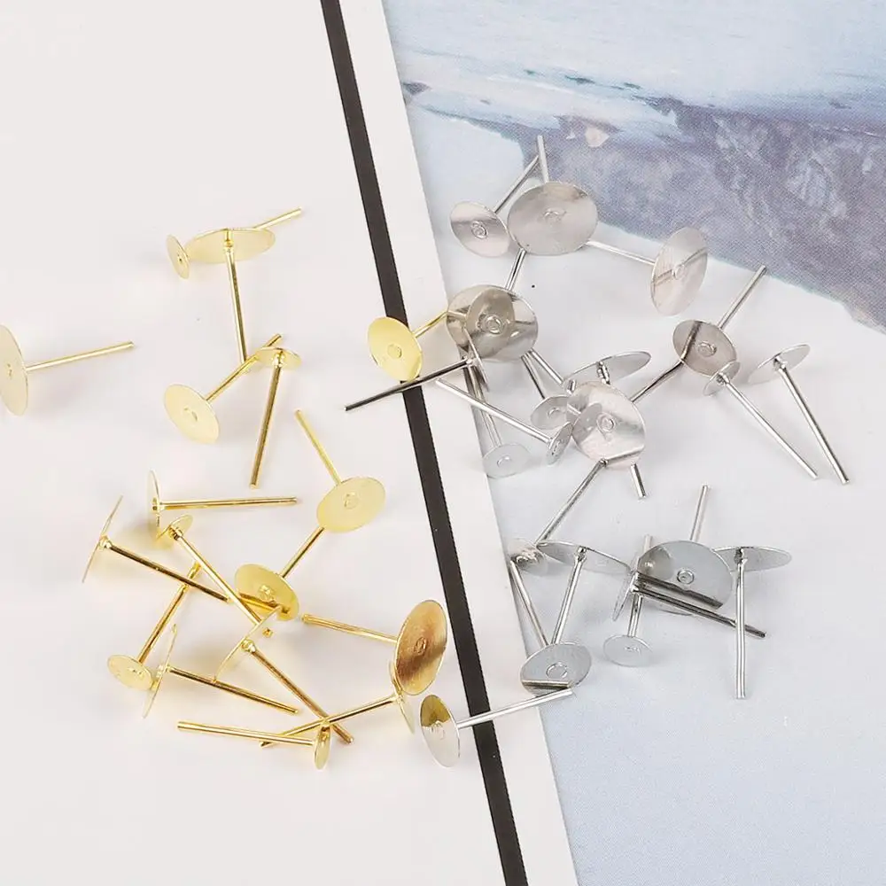 100Pcs Gold/Rhodium Color Iron Stud Earring Spacer Post Back Flat Blank Base Pins Setting for 4 6 8 10mm Cabochon Jewelry Making