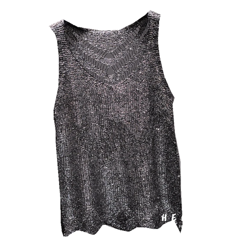Sequins Sexy Hollow Out Light Silk Condole Belt Vest Gold Sleeveless Knitting Coat Top Mujer Verano 2024 Heart Cut Out Top