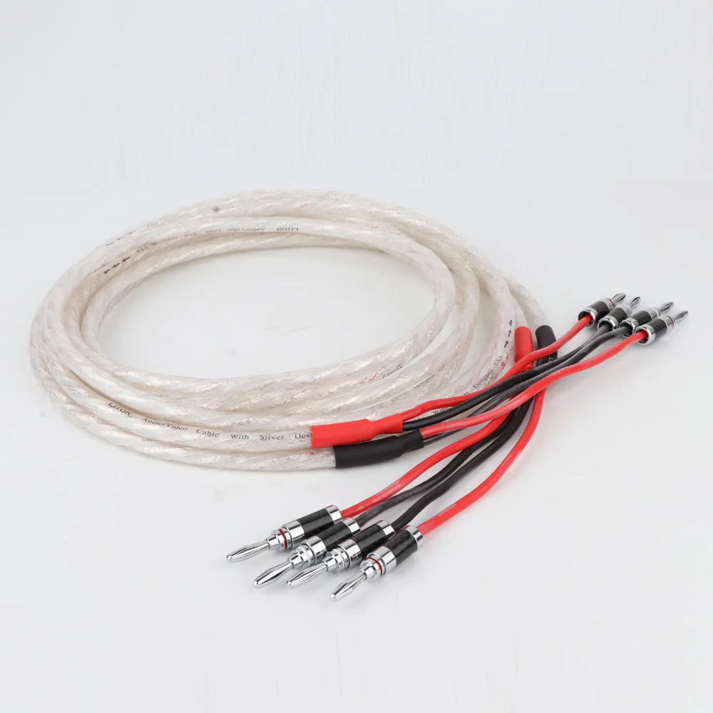 High Quality 1 Pair HIFI Silver-plated Speaker Cable with Rhodium Plated Banana Plugs Hi-end 6N OCC Speaker Loudspeaker Wires