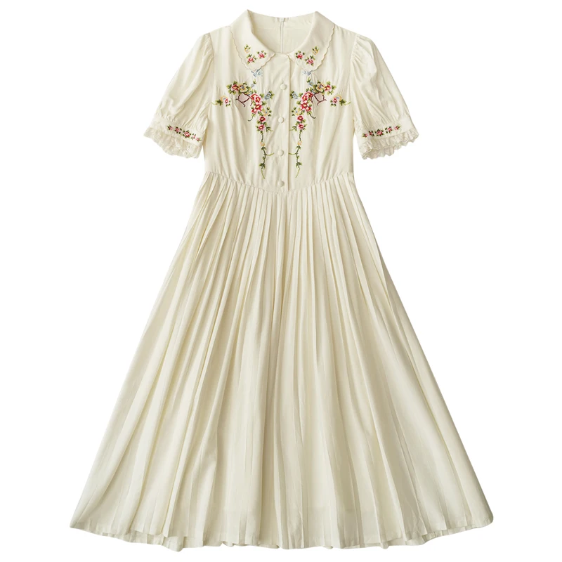 White Dress Spring Summer Women Vintage Elegant Slim Cross Stitch Embroidery Pleated Cotton Midi Dresses Woman Korean Dress