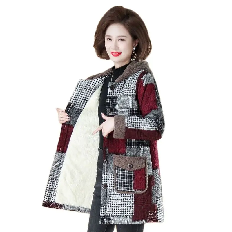 High-End Warm Winter Clothes Women\'s Coat  Middle-Aged  Elderly  Hooded Mid-Length Add  Fleece Thicken Ladies Cotton Outerwear