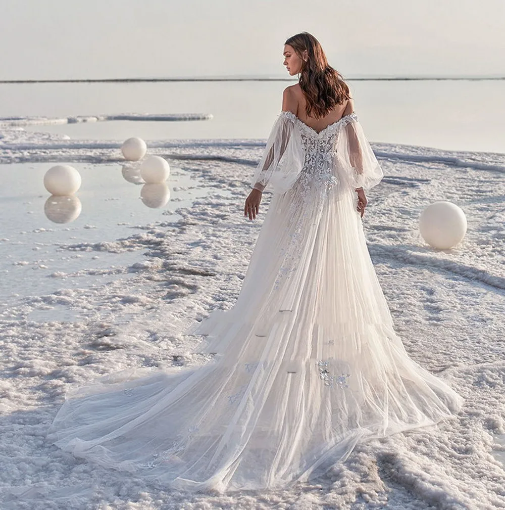 3D Blumen Spitze Hochzeit Kleid 2021 Off Schulter Strand Einfache Langarm Maß Weiß Tüll Brautkleider