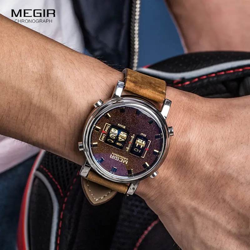 MEGIR 2019 New Top Band Watches Men Military Sport Brown Leather Quartz Wrist Watch Luxury Drum Roller relogio masculino 2137