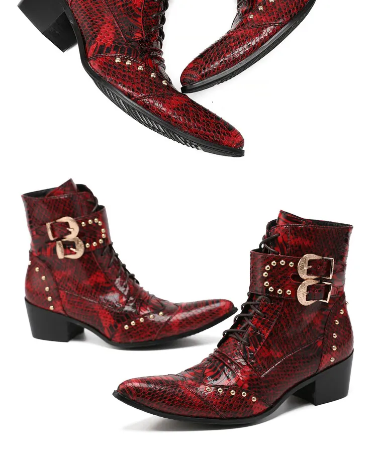 Herren Maßgefertigte Schlangenleder-Stiefel mit Nieten, Mittelhoch, Spitze Zehenkappe, Luxuriöser Singer-Modell-Stil, Bar-Party, Persönlichkeit, Herbstschuhe – Detail 13