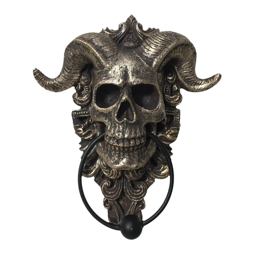 Retro Art Door Ring Hell Demon Horned Skull Hanging Door Knocker Heavy Duty Gothic Doorknocker-perfect Home Decoration Knocker