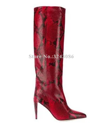 New Popular Crocodile Print Stiletto Heel Knee High Boots Woman Sexy Pointed Toe Snakeskin Leather Long Boots Lady Knight Boots