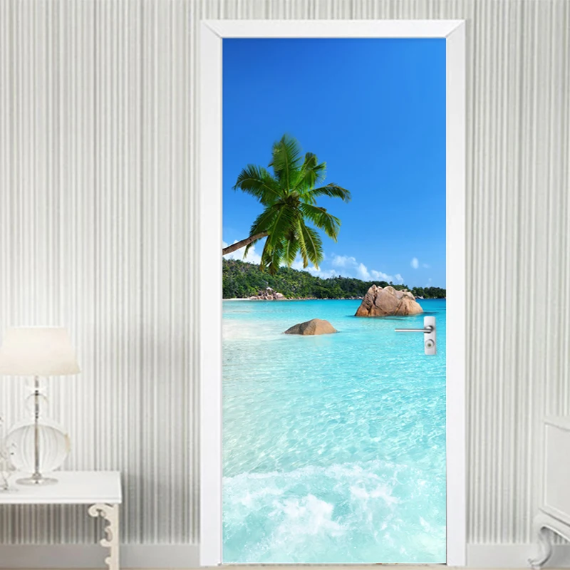 Self-Adhesive Waterproof Door Sticker 3D Sea Landscape Mural Wallpaper Living Room Bathroom Vinyl Door Poster Modern Wall Decals