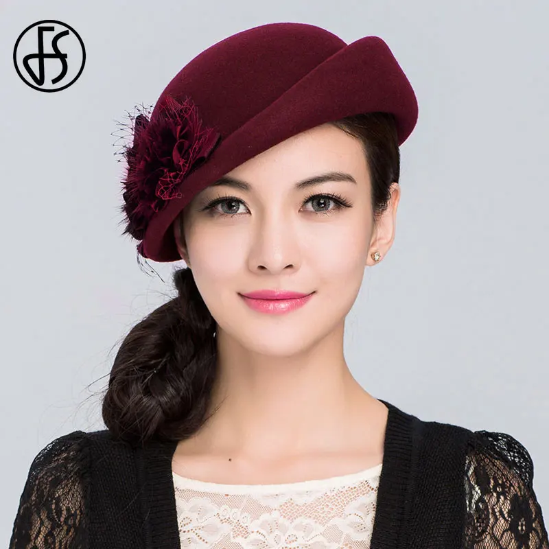 FS Elegant 100% Wool Beret French Women Hats Winter Black Fedora Church Hat Wedding Ladies Felt Flower Caps Pillbox Hat Chapeau