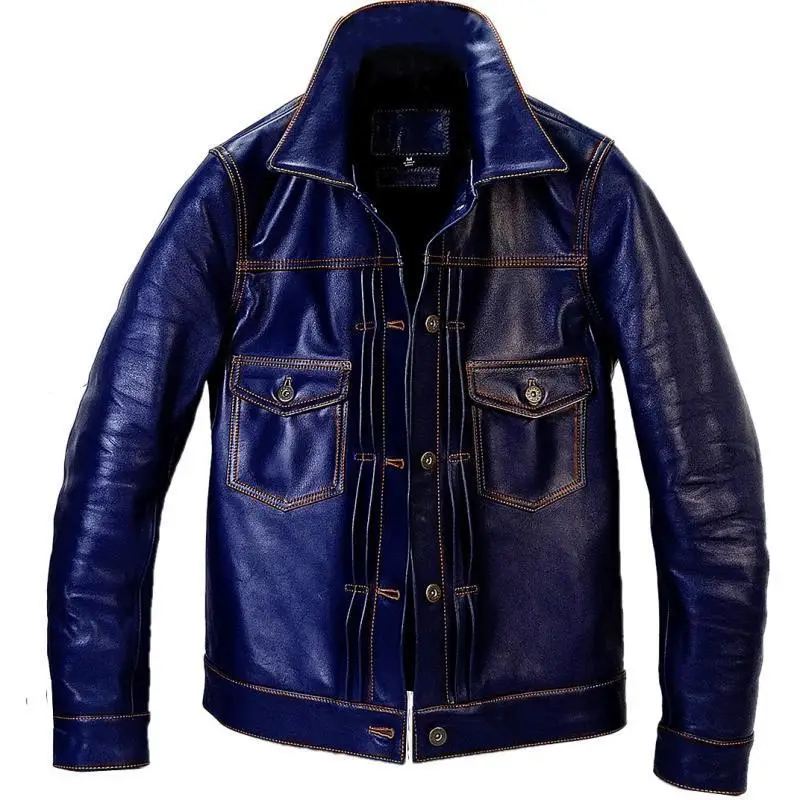 

2020 Blue Men Japan Style Slim Fit Casual Jacket Single Breasted Plus Size XXXXL Genuine Cowhide Short 507X Leather Coat