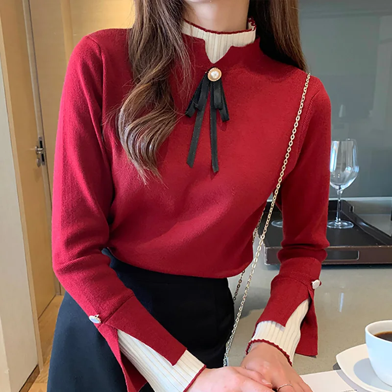 

Women Winter Basic Wear Knitted Pullovers Bow Tie Cute Red Short Sweaters