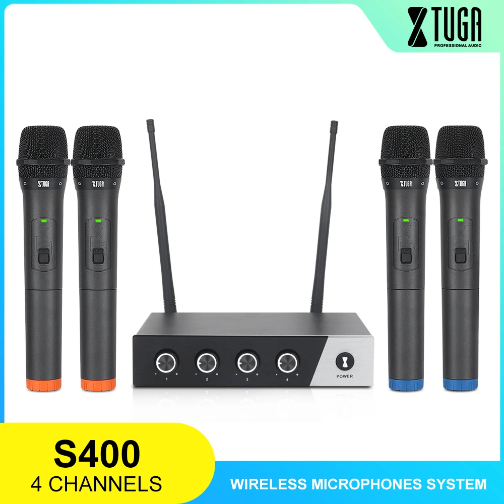 XTUGA S400 bezprzewodowy System mikrofonowy, 4-kanał UHF mikrofon bezprzewodowy zestaw z czterema mikrofony ręczne, używane do kościoła, Karaoke, etap