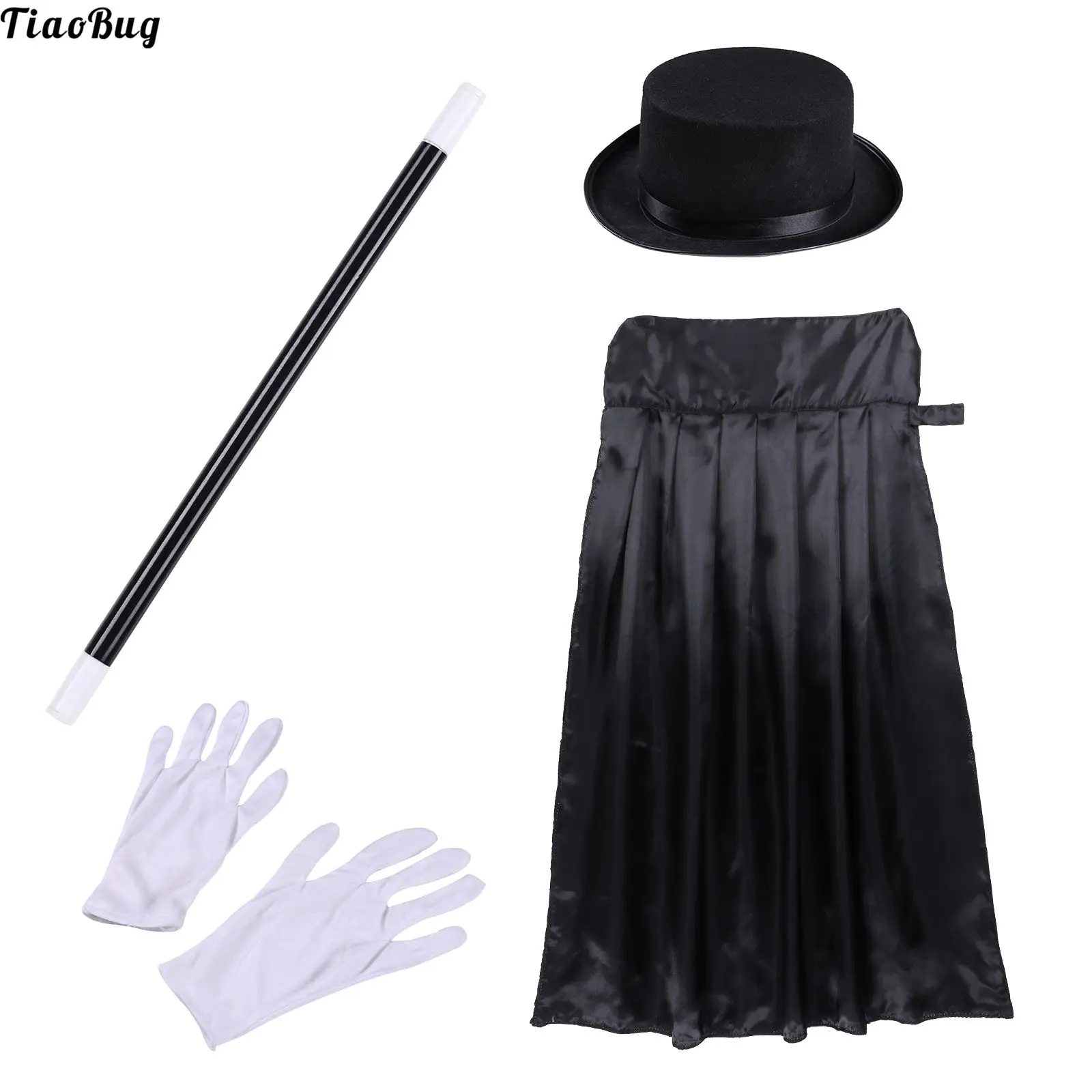 

TiaoBug Magician Cosplay Costume For Kids Kiddie Role Play Halloween Magician Dress Up Top Hat Cape Magic Wand And White Gloves