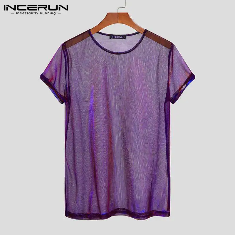 Men Mesh T Shirt See Through 2023 Shiny O Neck Short Sleeve Sexy Tee Tops Streetwear Fashion Party Nightclub Camisetas INCERUN