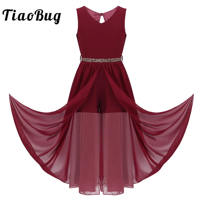 

TiaoBug Kids Girls Sleeveless Leotard Chiffon Maxi Dresses with Shiny Rhinestone Belt Pageant Party Dress Lyrical Dance Costumes