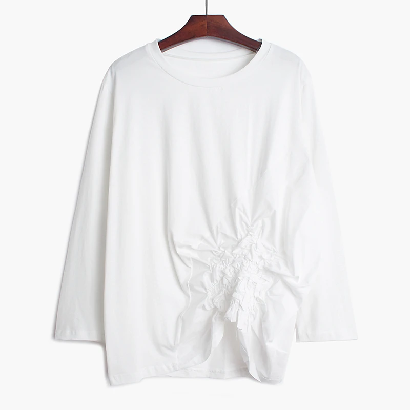 Women Gray Pleated Split Asymmetrical Temperament T-shirt New Round Neck Short Sleeve Fashion Spring Summer 2020 V431