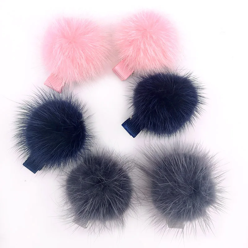 Baby Girls Real Mink Fur pompom Hair Clips 5cm Big Princess Barrette Childs Kids Headbands Hair Accessories 2pcs Christmas gift