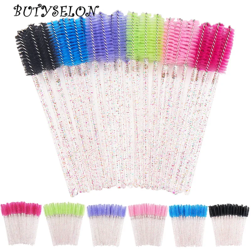 50pcs Eyelash Microbrush False Lashes Extension Brush Spoolie crystal handle mascara wands Applicator Eyebrow Makeup Brush