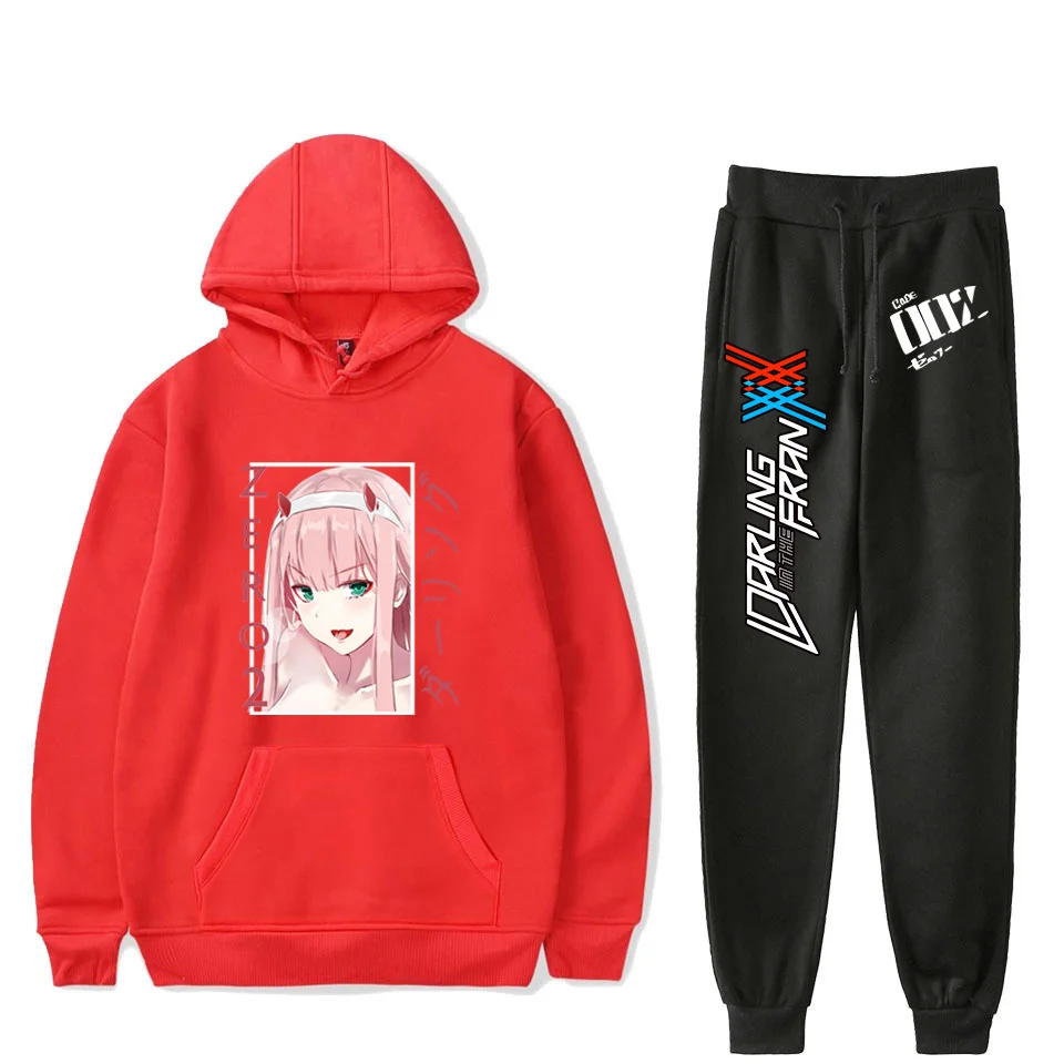 Zero Two Pants Suit Anime Cosplay Darling In The Franxx Cute Print Oversized Hoodies And Sweatpants Hooded Sweatshirt Tracksuits