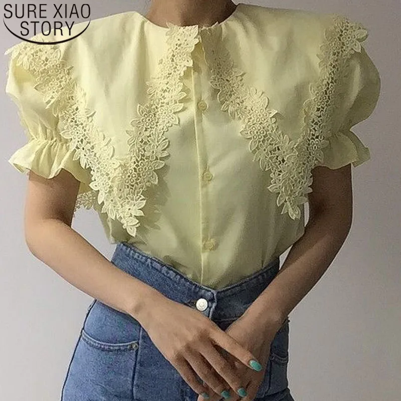 2022 Summer Korean Fashion Shirt White Tops New Casual Loose Loose Women Short Sleeve Lace Blouse Office Clothing Chic 14610