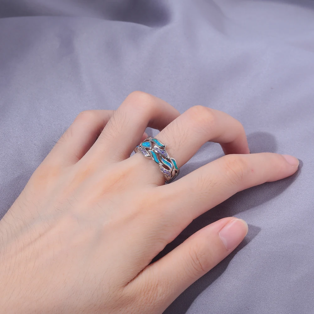 CiNily Blue Fire Opal Wide Rings With Stone Silver Plated Lilac Ctystal Leafs Fallen Leaves Bohemia BOHO Jewelry Woman Gift