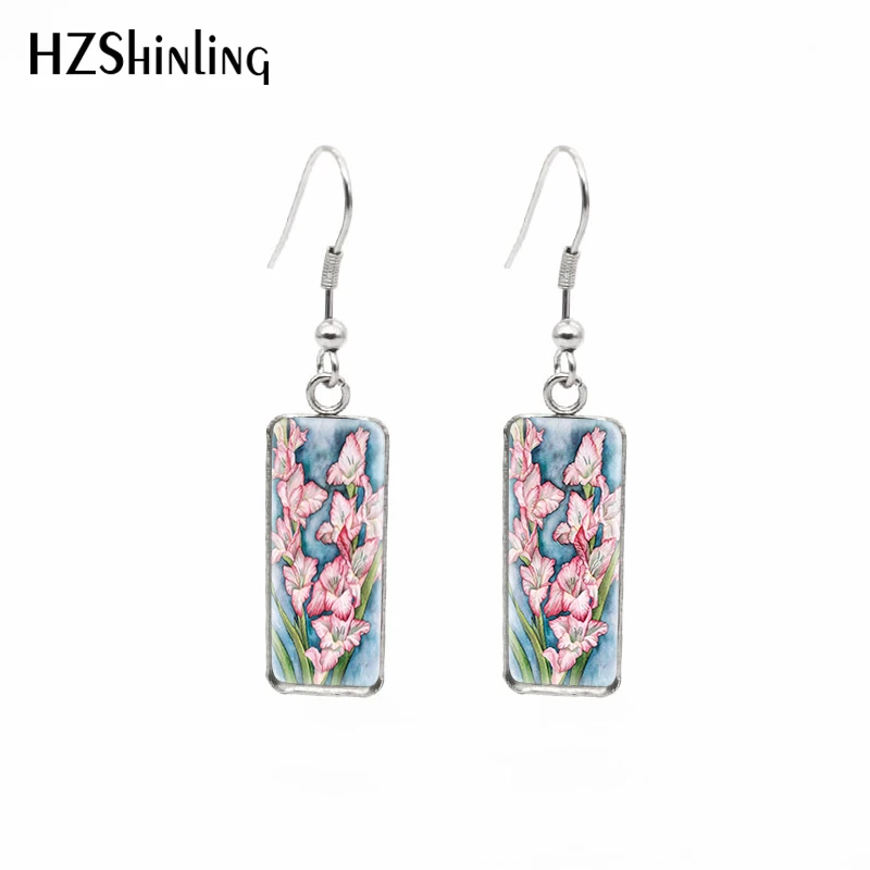 2021 New Gladiolus Flower Rectangular Earring Painting of Plants Fish Hook Earrings Glass Cabochon Handmade Jewelry