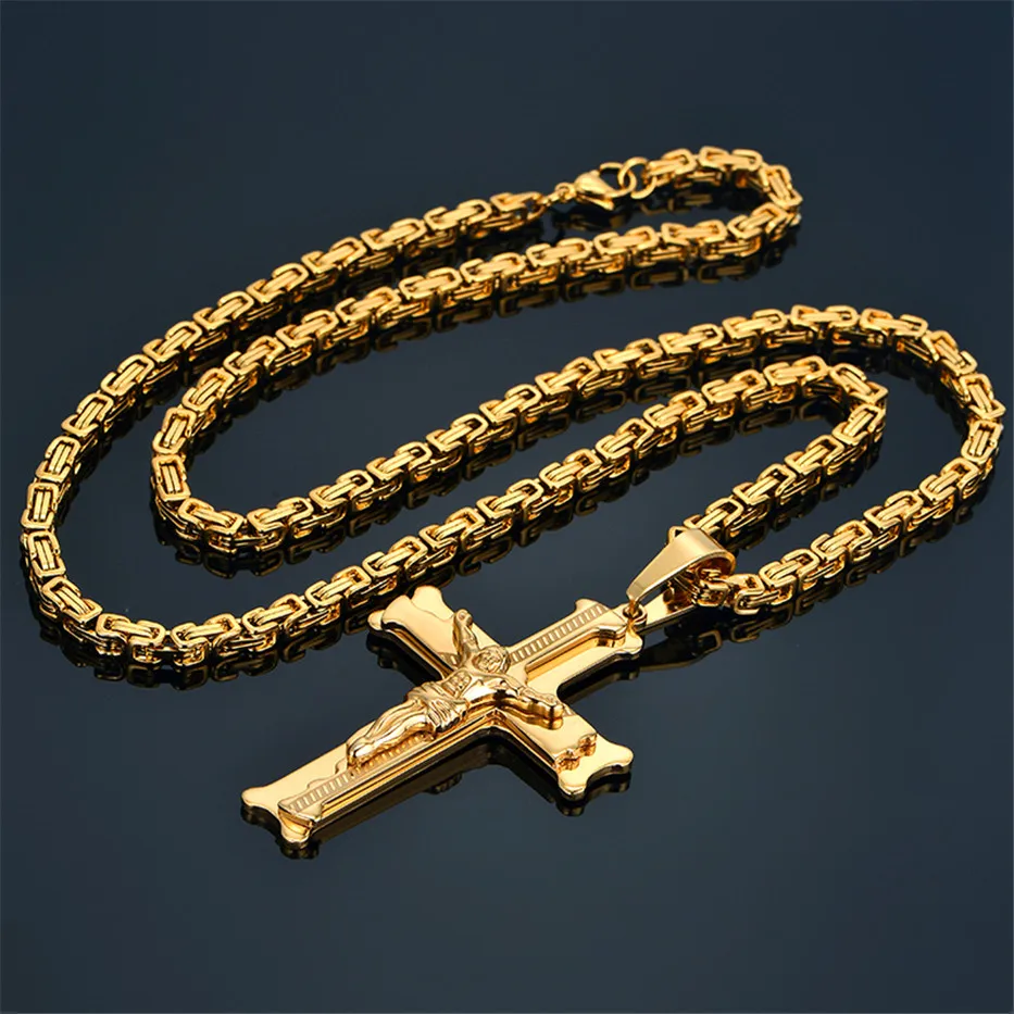 Fashion Byzantine Chain,Christ Cross Stainless Steel Long Necklace for Men Gold Color Statement Necklace Jewelry collares largos