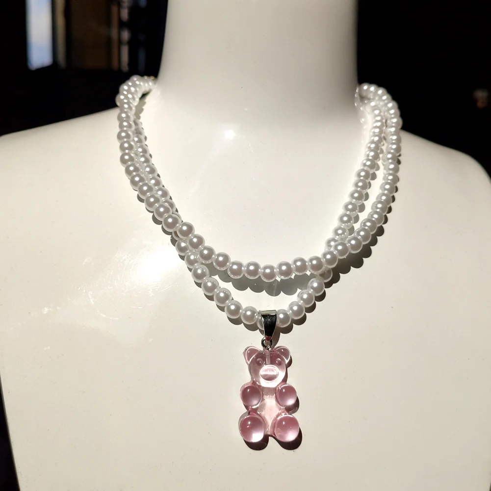 Creative New Transparent Candy Bear Pendant Beaded Necklace for Women Multilayer Imitation Pearls Beads Choker Necklaces Jewelry