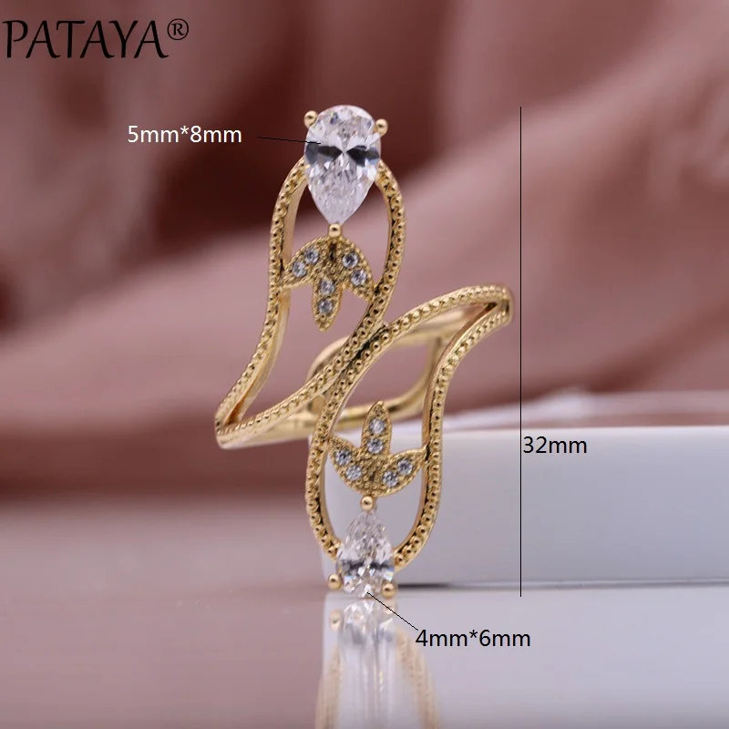 PATAYA New Water Drop Natural Zircon Rings 585 Rose Gold Color Fashion Jewelry Wedding Fine Clover Hyperbole Women Hollow Rings