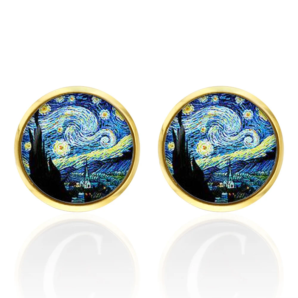 Classic Van Gogh Art Painting Sky Cufflinks For Men Glass Gem Bronze Plated Mens Cuff Buttons Wholesale Jewelry