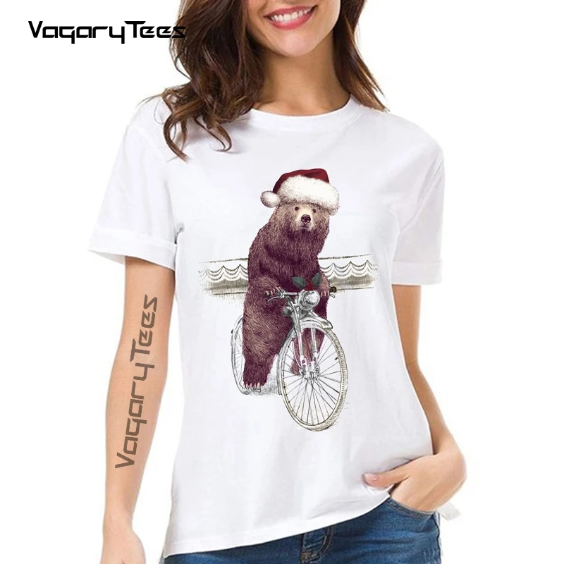 Vagarytees Cool Bear Riding Bicycle Cycling women T Shirts Cartoon Cute Animal Casual Tee Shirt Graphic Female Tee T-Shirt