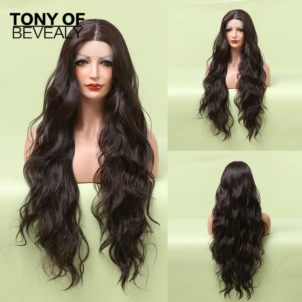 Perruque Lace Front Wig synthétique Body Wave longue noire, perruque t-part Lace transparente pour femmes noires, perruque Lace Front Wig haute