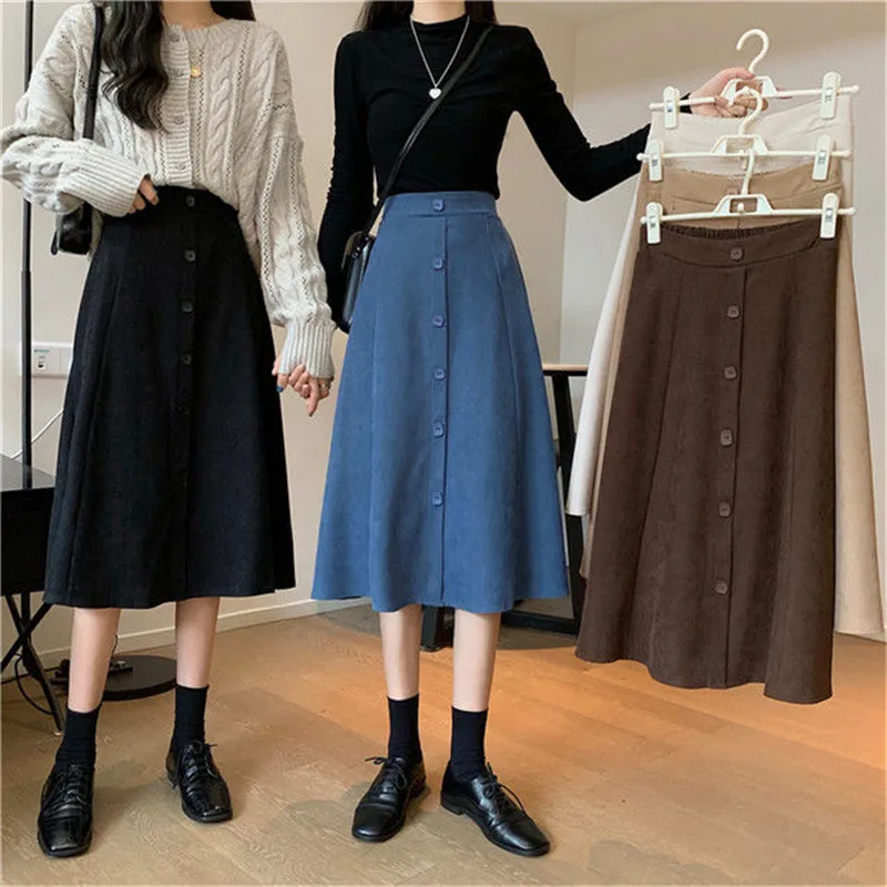 Women Skirt A-Line High Waist Midi Skirt Simple Black Elegant Skirt Corduroy Spring Autumn Winter faldas femme jupes 2020