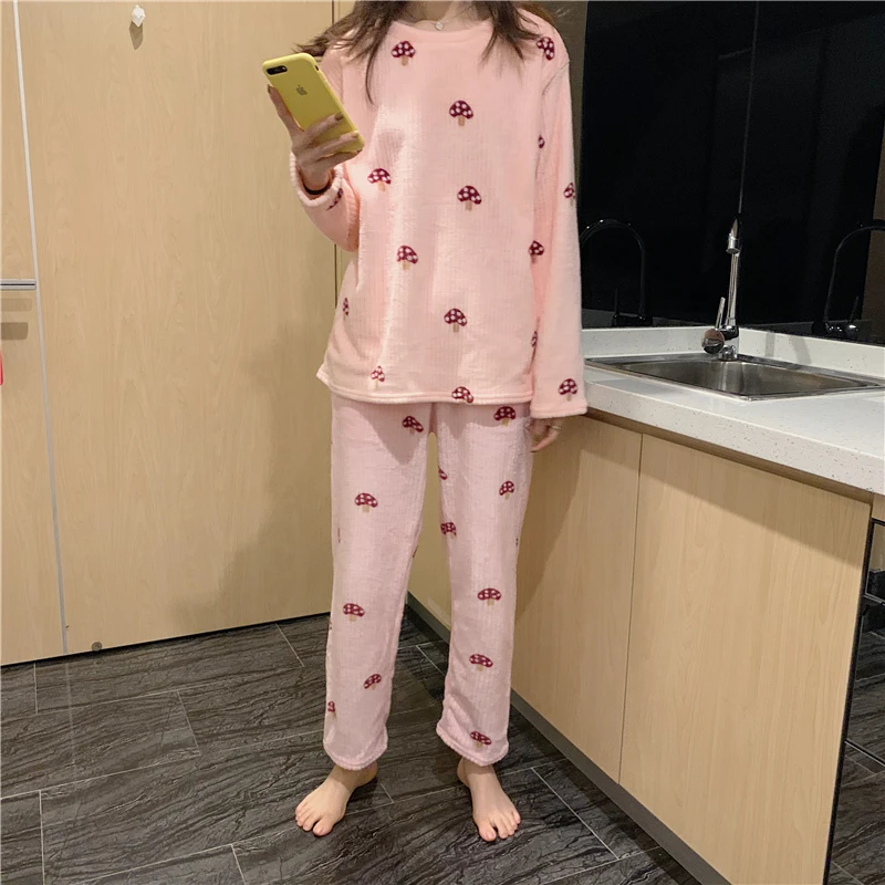 Women Pajama Sets Mushroom Print Long Sleeve Fashion Casual Loose Sweet Kawaii Korean Style Coral Fleece Soft Thicken Womens