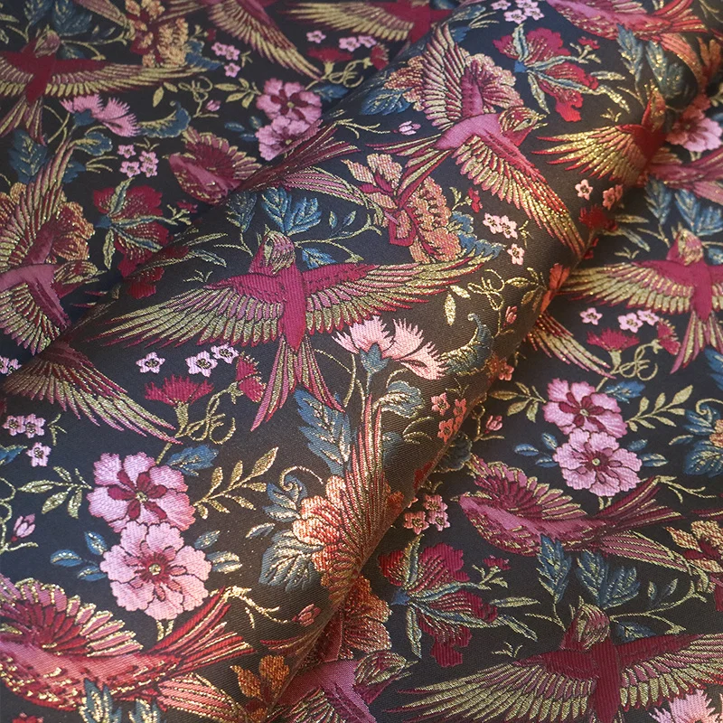 NW234 160cm Width Metallic Birds Flowers Black Jacquard Brocade Fabric Cushion/Pillow Case/Cheongsam/Costume/ Kimono/DIY Fabrics