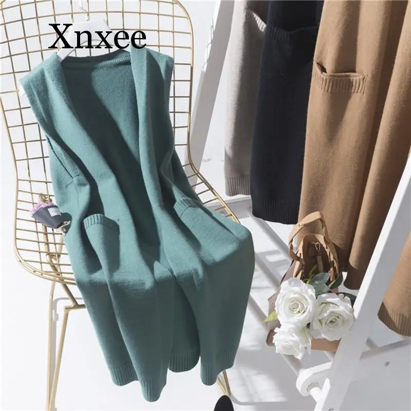 wool Solid Color Loose Long Coat Female Autumn Sleeveless Knitted Vest Women Korean Fashion V-neck Lady's Sweater Wool Cardigal