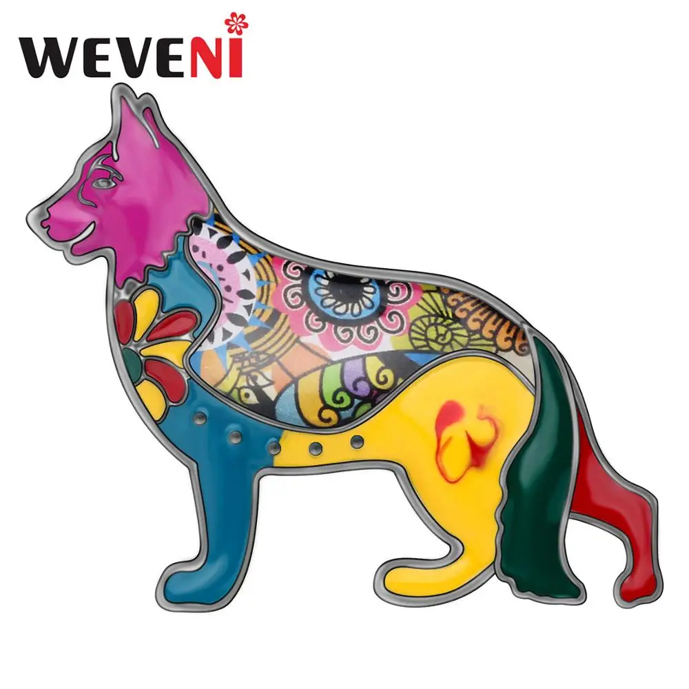 WEVENI Alloy Enamel Floral German Shepherd Dog Brooches Pin Clothes Scarf Animal Decorations Jewelry For Women Girls Charms Gift